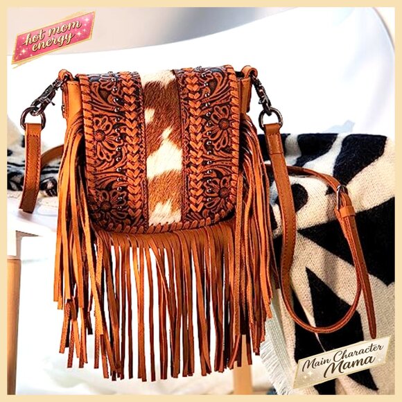 Small Crossbody Bag with Fringe, Hair-On Cowhide, Adjustable Strap - Picture 2 of 6